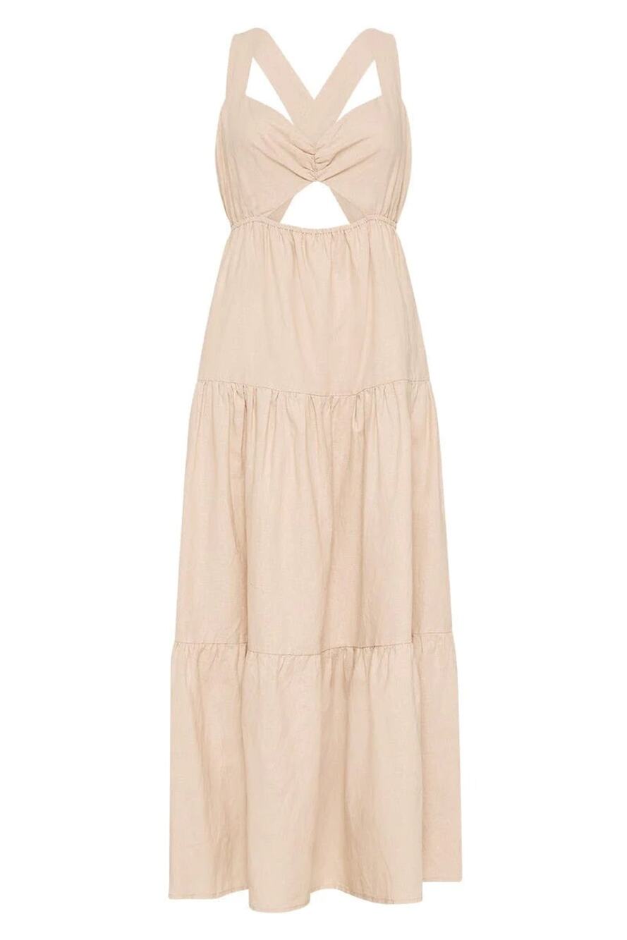 Charlie Holiday Lilian Oat Beige Tiered Cut Out Linen Midi Dress Size XL